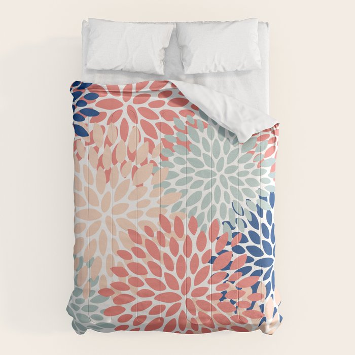 Floral Blooms, Coral, Navy, Aqua Comforter Gallery Image 1