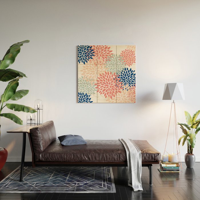 Floral Blooms, Coral, Navy, Aqua Wood Wall Art Gallery Image 2