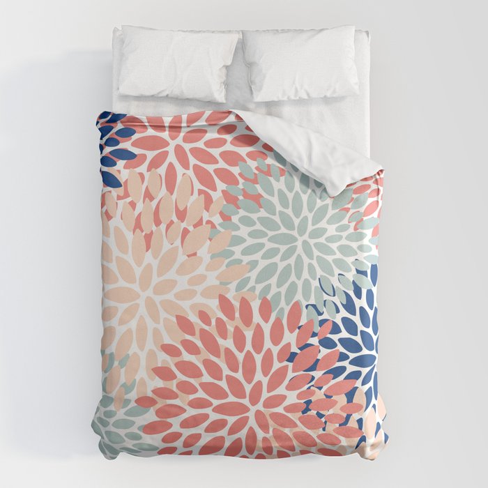 Floral Blooms, Coral, Navy, Aqua Duvet Cover Gallery Image 1