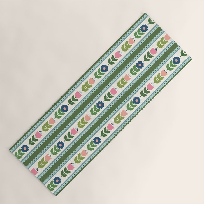 Scandi-Floral Stripes Green Pink Blue Yoga Mat Gallery Image 1