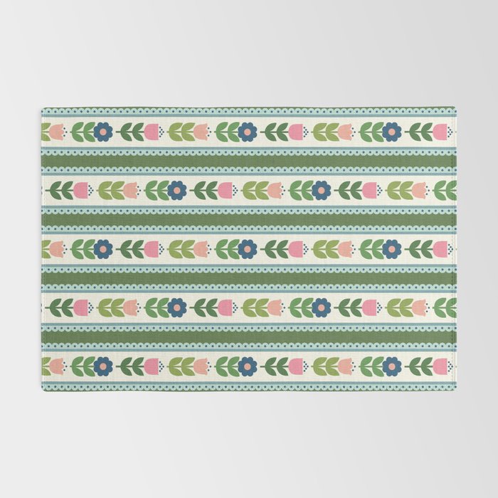 Scandi-Floral Stripes Green Pink Blue Rug Gallery Image 2