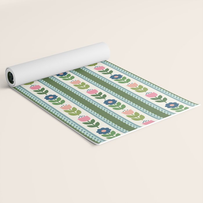 Scandi-Floral Stripes Green Pink Blue Yoga Mat Gallery Image 2