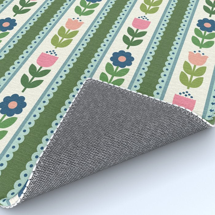 Scandi-Floral Stripes Green Pink Blue Rug Gallery Image 4