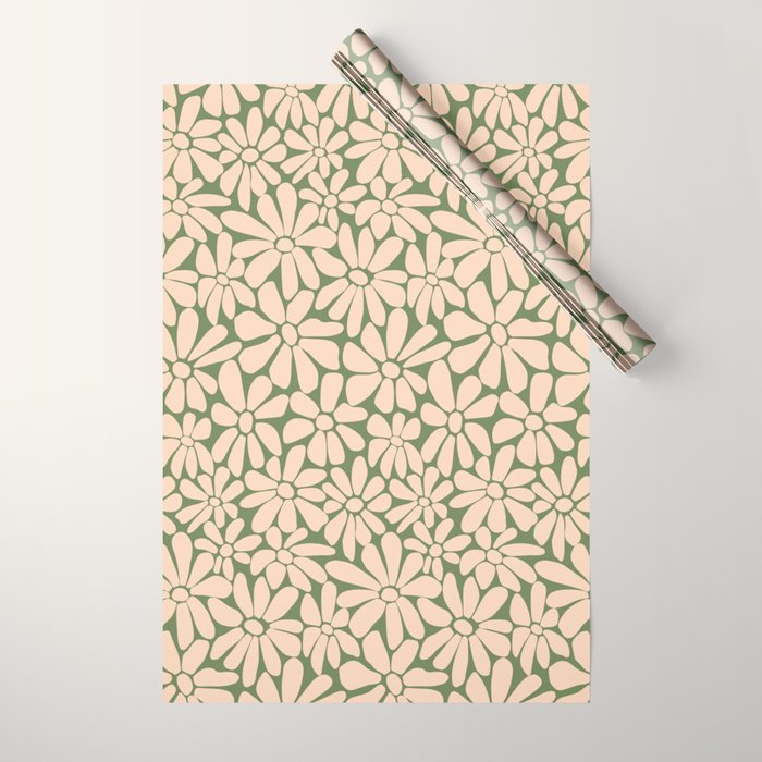 Retro Floral - Green and Cream  Wrapping Paper Gallery Image 1