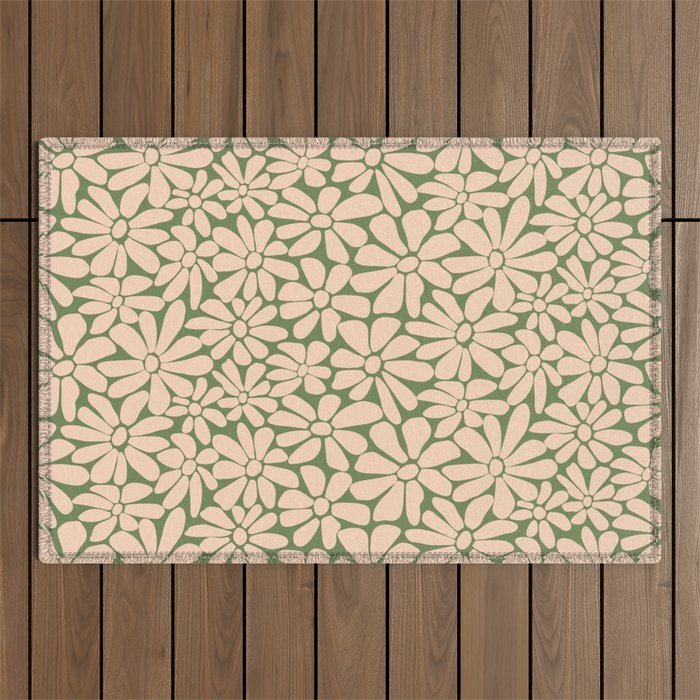Retro Floral - Green and Cream  Outdoor Rug Gallery Image 1
