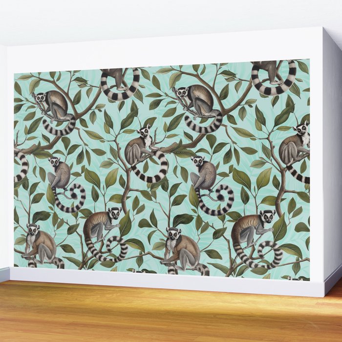 Lush Tropical Lemur Monkey Paradise Turquoise Wall Mural Gallery Image 2