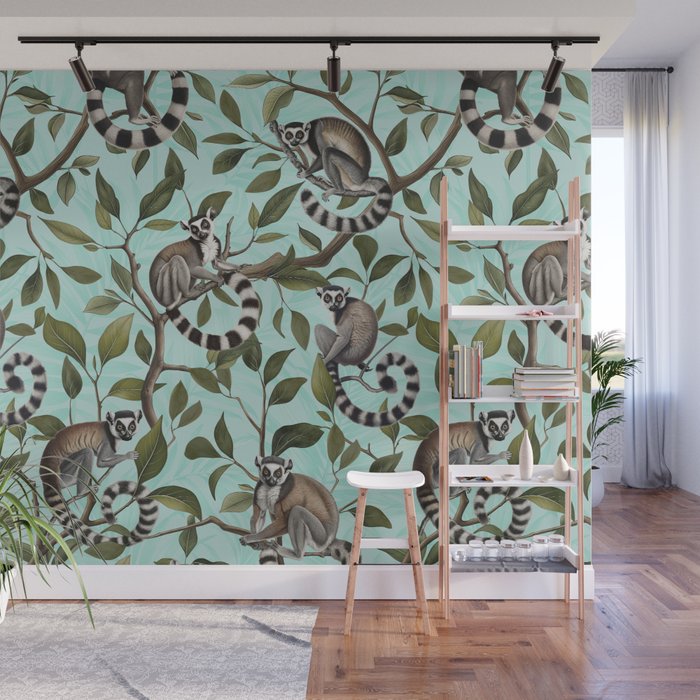 Lush Tropical Lemur Monkey Paradise Turquoise Wall Mural Gallery Image 1