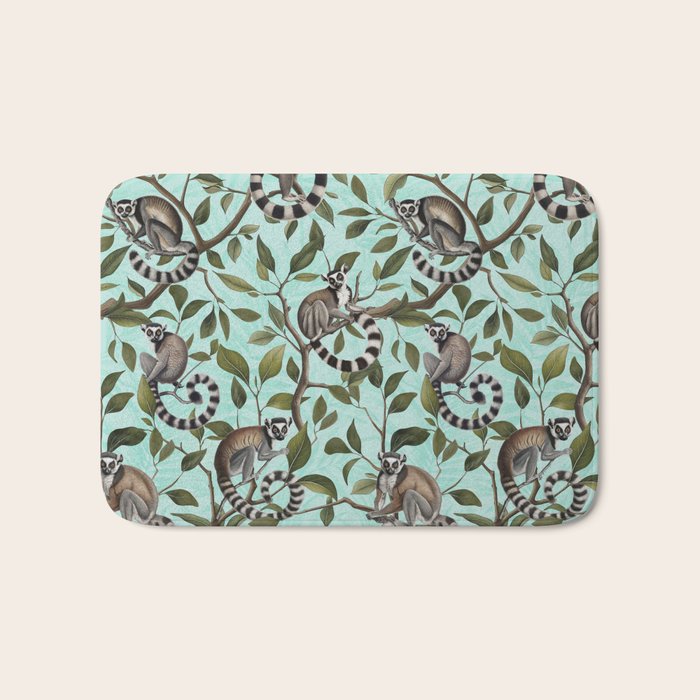 Lush Tropical Lemur Monkey Paradise Turquoise Bath Mat Gallery Image 1
