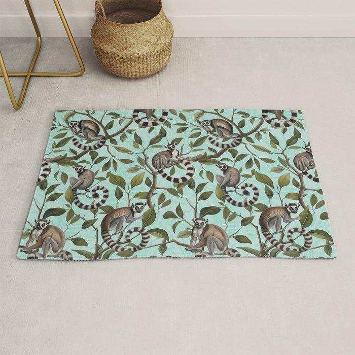 Lush Tropical Lemur Monkey Paradise Turquoise Rug Gallery Image 1