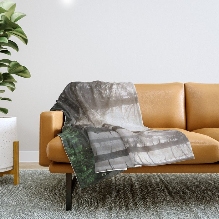 Pacific Northwest Forest Fog Adventures Throw Blanket Gallery Image 1