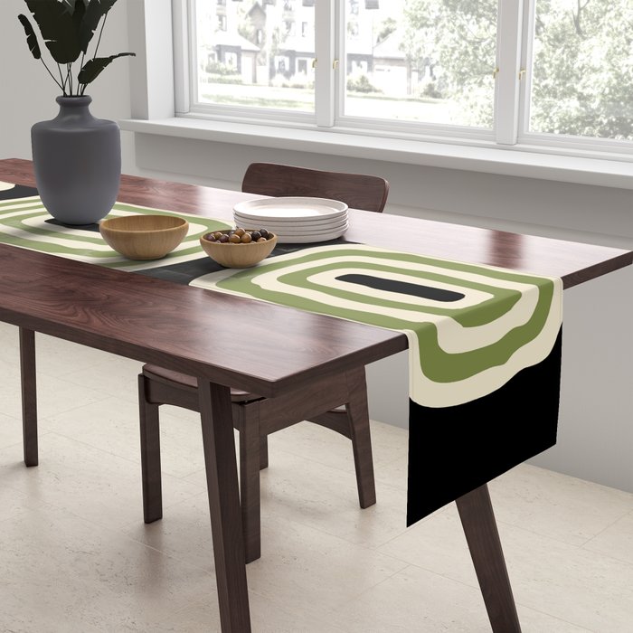 Mid Century Modern Decoration 236 Black Beige and Olive Green Table Runner Gallery Image 2