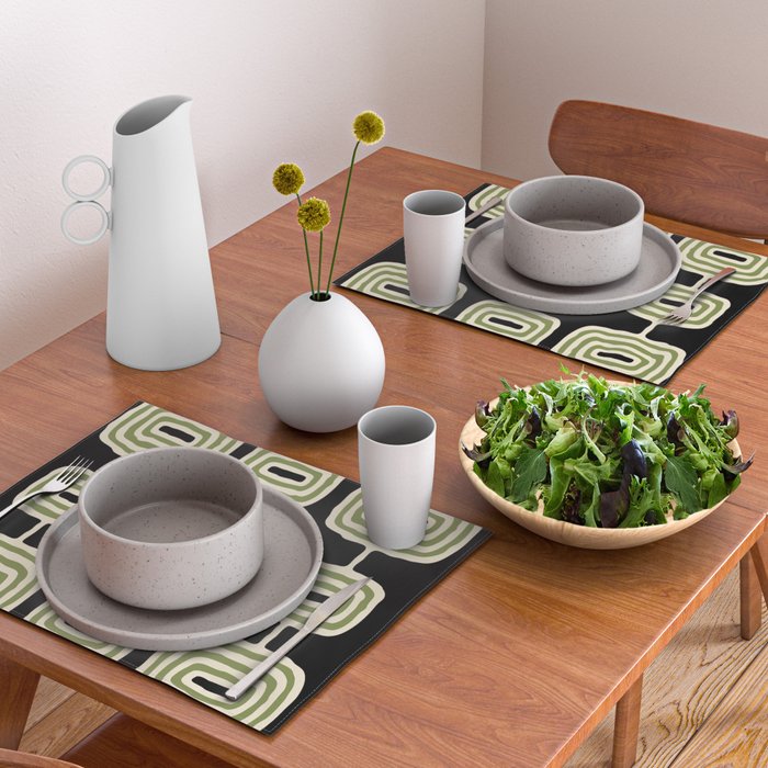 Mid Century Modern Decoration 236 Black Beige and Olive Green Placemat Gallery Image 2