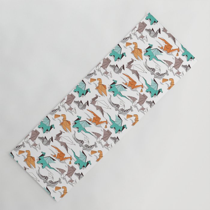 Origami dragon friends // white background aqua orange grey and taupe fantastic creatures Yoga Mat Gallery Image 1