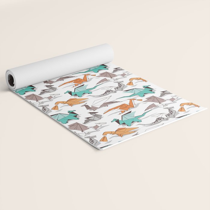 Origami dragon friends // white background aqua orange grey and taupe fantastic creatures Yoga Mat Gallery Image 2