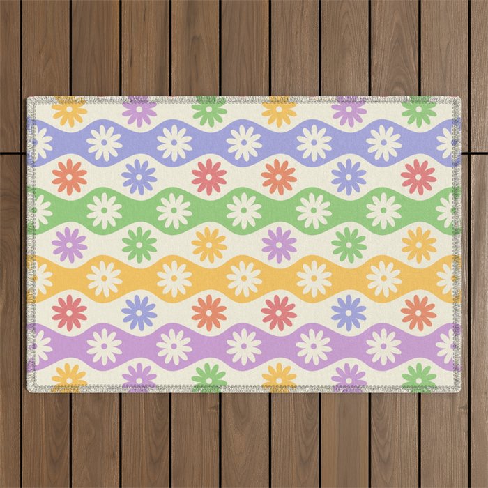 Retro Wavy Stripes with Colorful Flowers Outdoor Rug Gallery Image 1