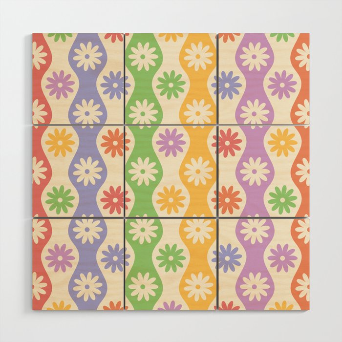 Retro Wavy Stripes with Colorful Flowers Wood Wall Art Gallery Image 1