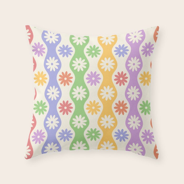 Retro Wavy Stripes with Colorful Flowers Throw Pillow Gallery Image 6
