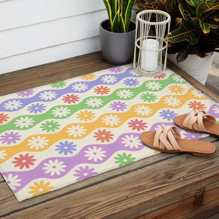 Retro Wavy Stripes with Colorful Flowers Outdoor Rug Gallery Image 2