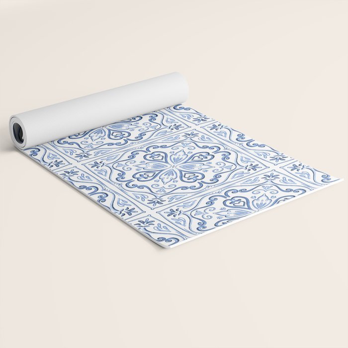 Blue and White Elegant Tiled Pattern Yoga Mat Gallery Image 2