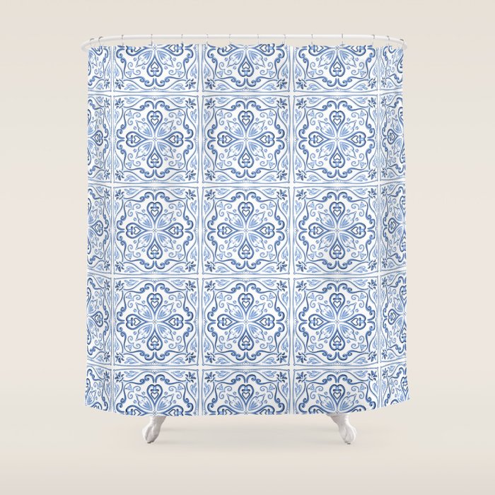 Blue and White Elegant Tiled Pattern Shower Curtain Gallery Image 1