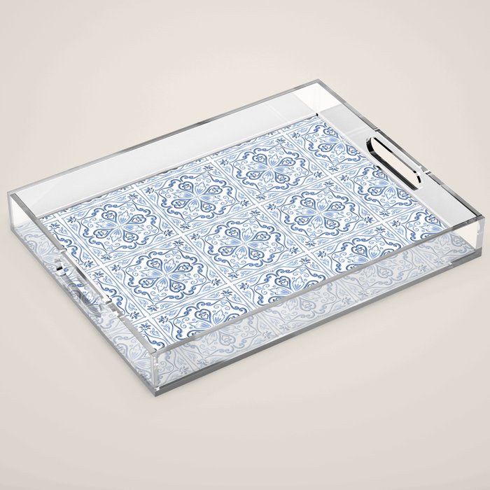 Blue and White Elegant Tiled Pattern Acrylic Tray Gallery Image 1