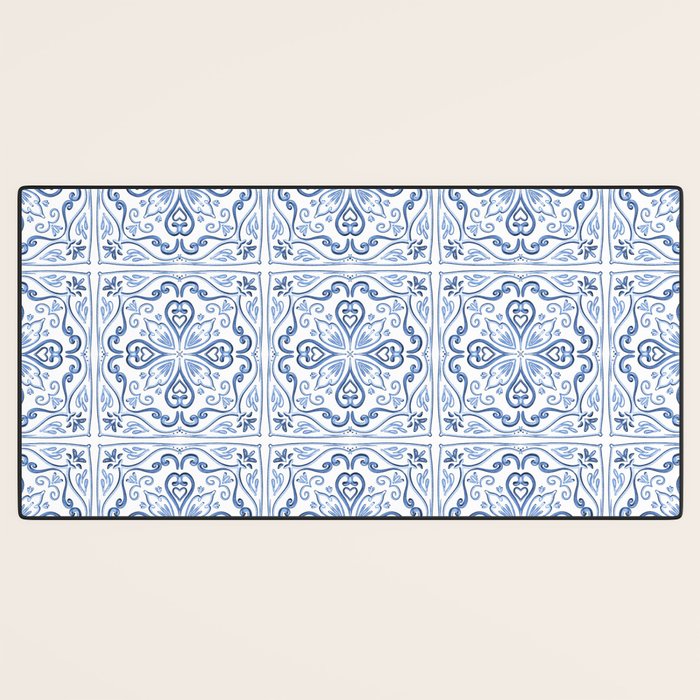 Blue and White Elegant Tiled Pattern Desk Mat Gallery Image 3