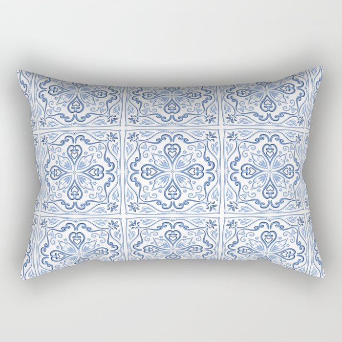 Blue and White Elegant Tiled Pattern Rectangular Pillow Gallery Image 1