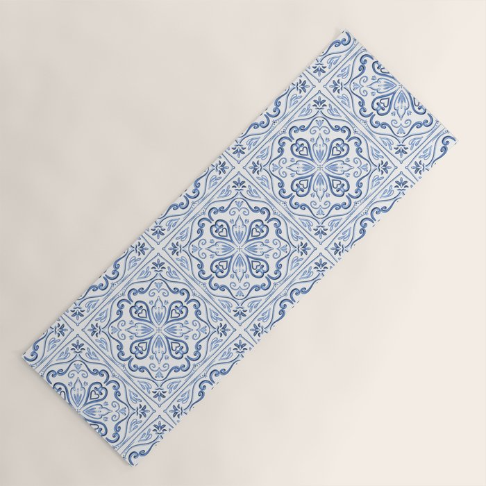 Blue and White Elegant Tiled Pattern Yoga Mat Gallery Image 1