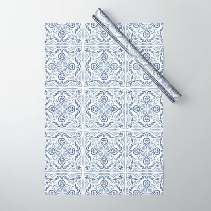 Blue and White Elegant Tiled Pattern Wrapping Paper Gallery Image 1