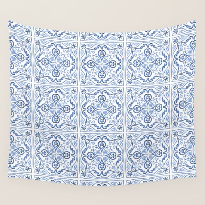 Blue and White Elegant Tiled Pattern Wall Tapestry Gallery Image 1