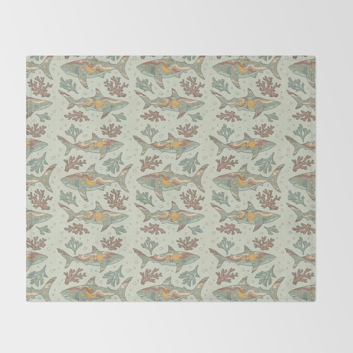 Midnight Swim | Dusty Sunset Palette | Ocean Shark Art Throw Blanket Gallery Image 2