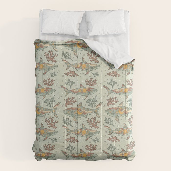 Midnight Swim | Dusty Sunset Palette | Ocean Shark Art Comforter Gallery Image 6