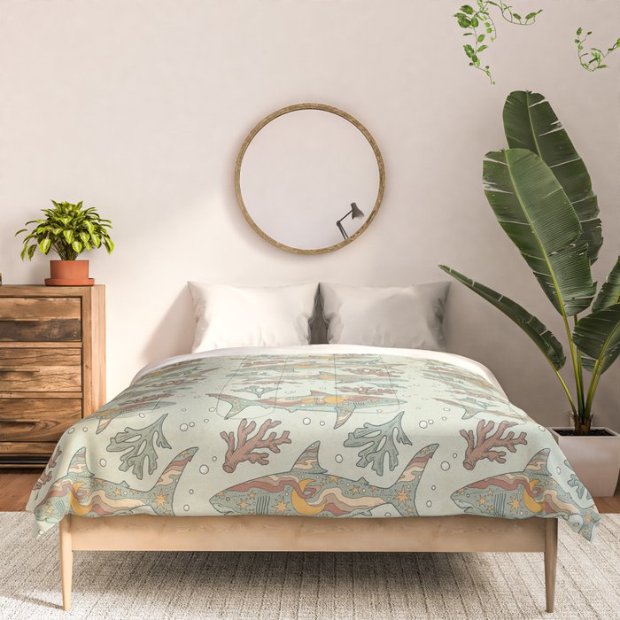 Midnight Swim | Dusty Sunset Palette | Ocean Shark Art Comforter Gallery Image 3