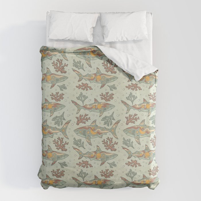 Midnight Swim | Dusty Sunset Palette | Ocean Shark Art Duvet Cover Gallery Image 6