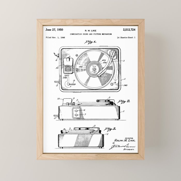 Record Player Patent - Vinyl Fan Music Lover Art - White Mini Art Print Gallery Image 1