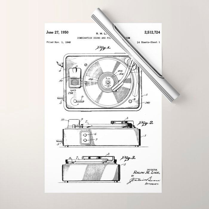 Record Player Patent - Vinyl Fan Music Lover Art - White Wrapping Paper Gallery Image 1