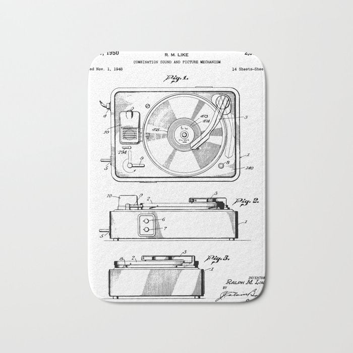 Record Player Patent - Vinyl Fan Music Lover Art - White Bath Mat Gallery Image 1