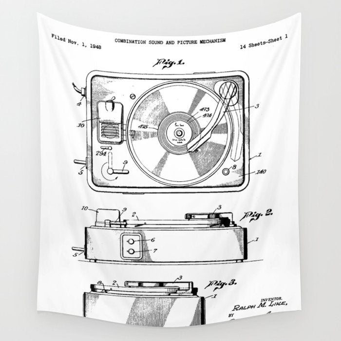 Record Player Patent - Vinyl Fan Music Lover Art - White Wall Tapestry Gallery Image 1