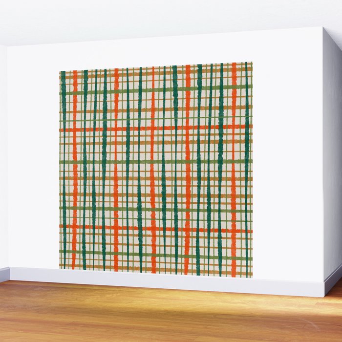 Rustic Retro Painted Plaid Pattern in Woodland Orange-Red Green Ochre Beige Wall Mural Gallery Image 2