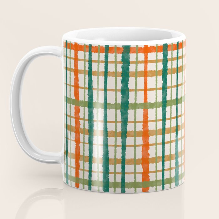 Rustic Retro Painted Plaid Pattern in Woodland Orange-Red Green Ochre Beige Coffee Mug Gallery Image 3