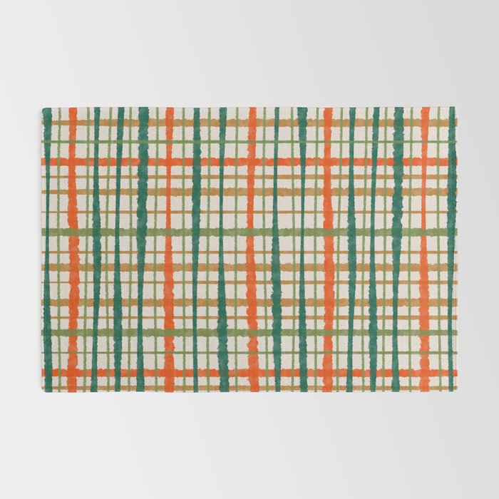 Rustic Retro Painted Plaid Pattern in Woodland Orange-Red Green Ochre Beige Rug Gallery Image 2