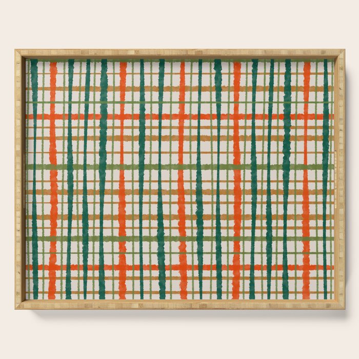 Rustic Retro Painted Plaid Pattern in Woodland Orange-Red Green Ochre Beige Serving Tray Gallery Image 1