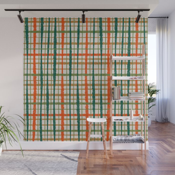 Rustic Retro Painted Plaid Pattern in Woodland Orange-Red Green Ochre Beige Wall Mural Gallery Image 1