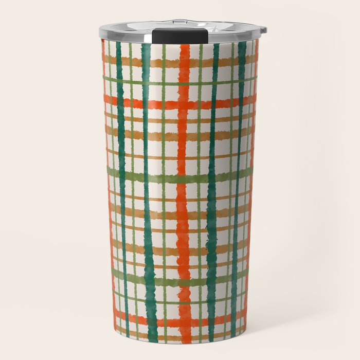 Rustic Retro Painted Plaid Pattern in Woodland Orange-Red Green Ochre Beige Travel Mug Gallery Image 1