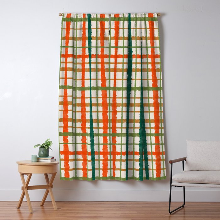 Rustic Retro Painted Plaid Pattern in Woodland Orange-Red Green Ochre Beige Window Curtain Gallery Image 1