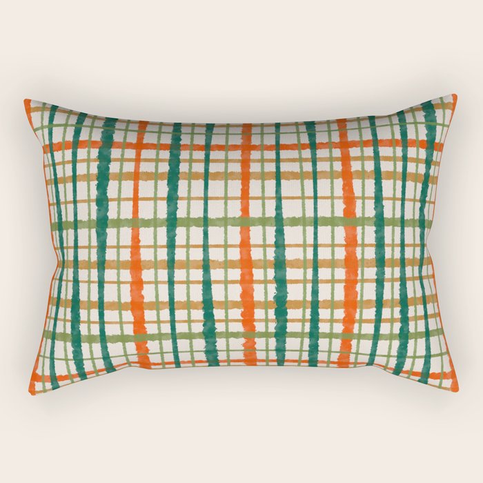 Rustic Retro Painted Plaid Pattern in Woodland Orange-Red Green Ochre Beige Rectangular Pillow Gallery Image 2