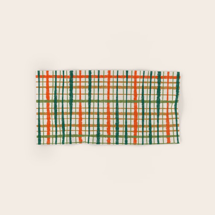 Rustic Retro Painted Plaid Pattern in Woodland Orange-Red Green Ochre Beige Bath Towel Gallery Image 1