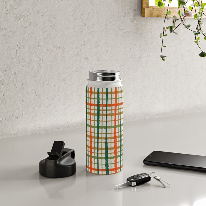 Rustic Retro Painted Plaid Pattern in Woodland Orange-Red Green Ochre Beige Water Bottle Gallery Image 4