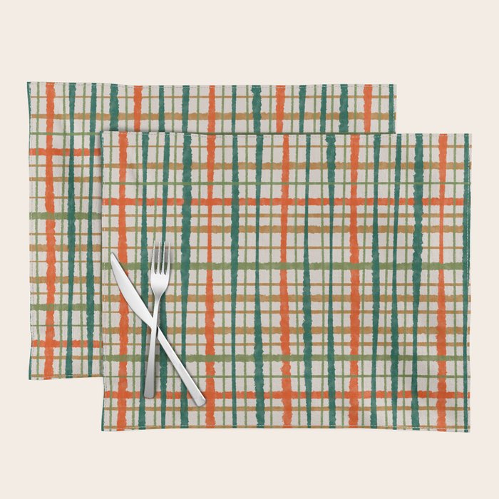 Rustic Retro Painted Plaid Pattern in Woodland Orange-Red Green Ochre Beige Placemat Gallery Image 1