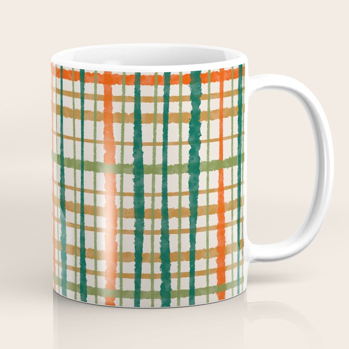 Rustic Retro Painted Plaid Pattern in Woodland Orange-Red Green Ochre Beige Coffee Mug Gallery Image 1
